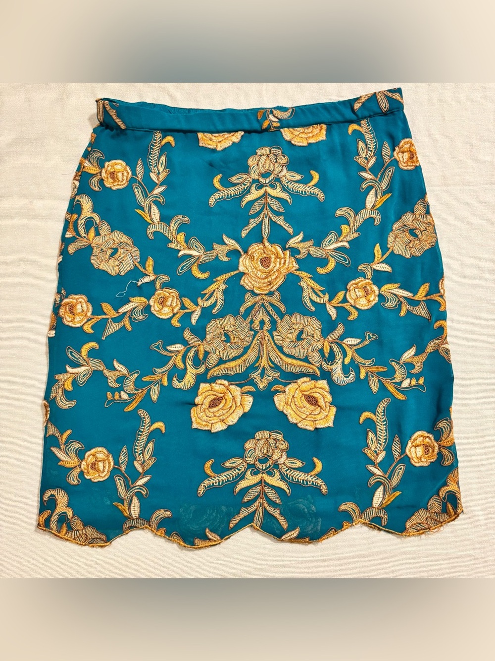 Yoana Baraschi Teal Skirt with Gold Floral Embroidery Size 6 - Picture 3 of 14